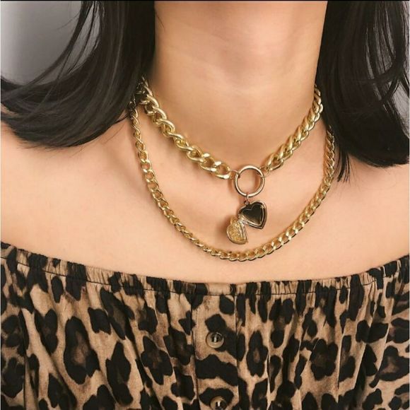 CHUNKY HEART❤ LOCKET DOUBLE CHAIN NECKLACE - Picture 3 of 16